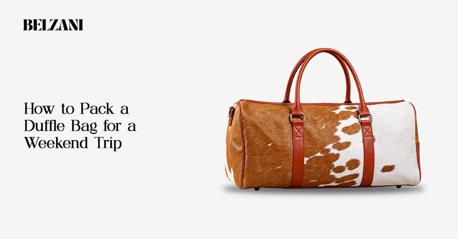 Man packing clothes, shoes, and travel essentials into a leather duffle bag for a weekend trip.