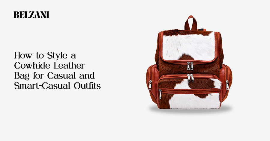 Cowhide leather bag styled with a casual outfit featuring neutral clothing, denim, and complementary accessories.